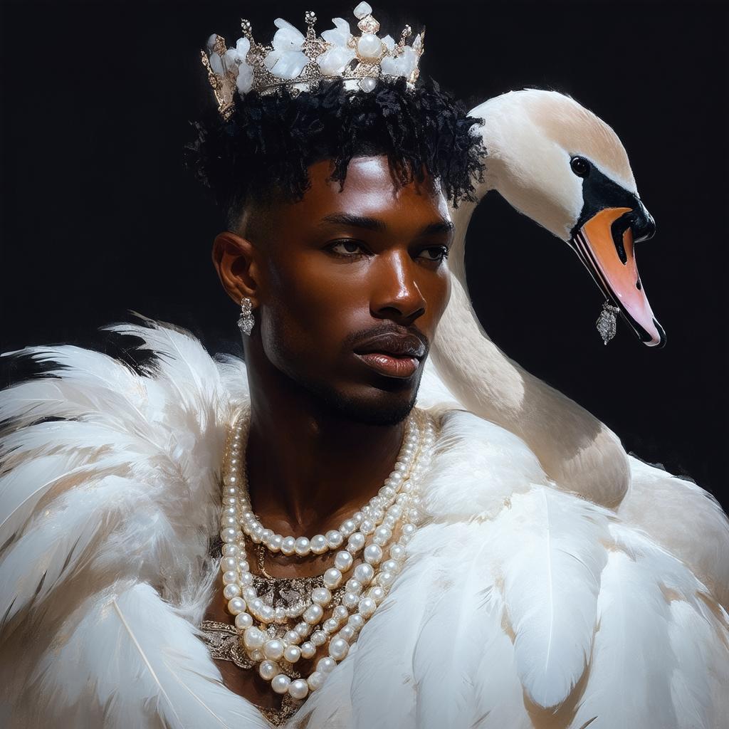 Transmasculine King Crowned With Pearls and Plumes