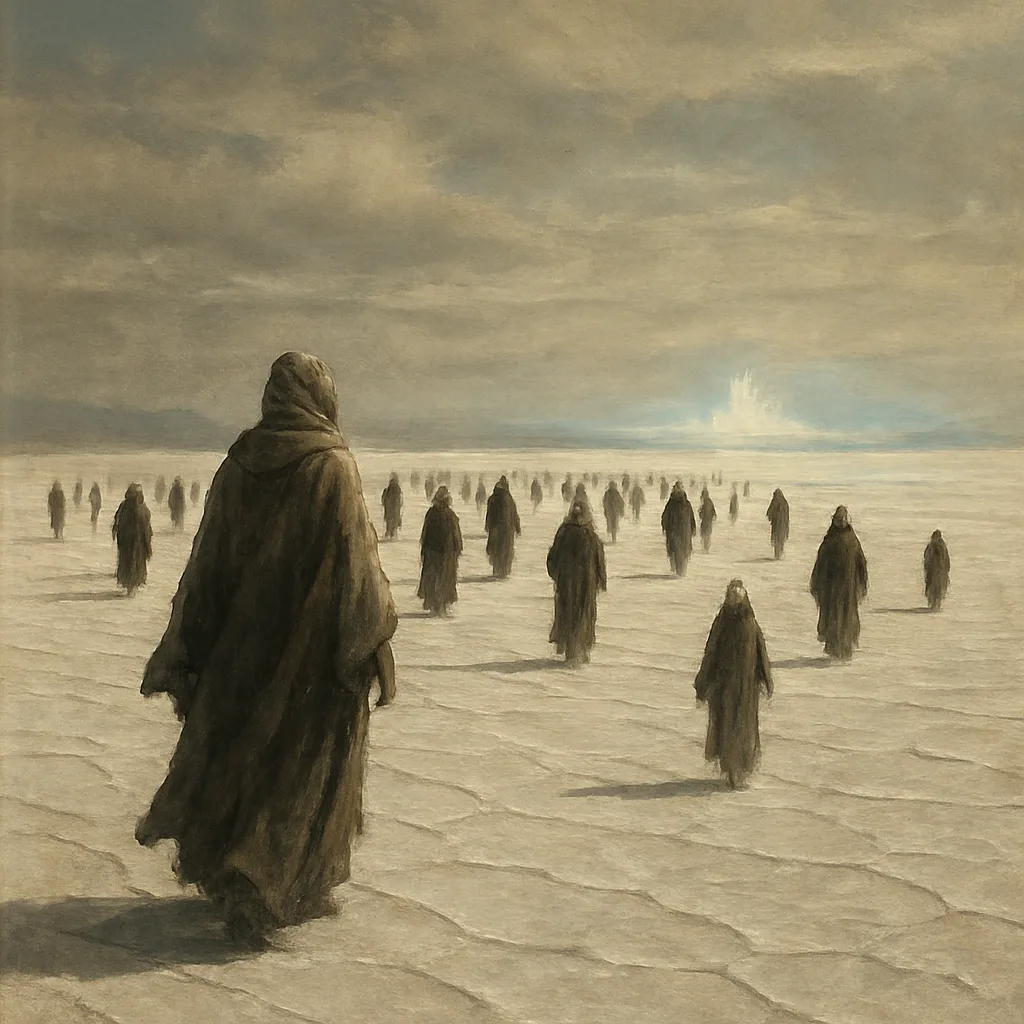 Scattered Procession of Many Robed Figures Slowly Makes its Way