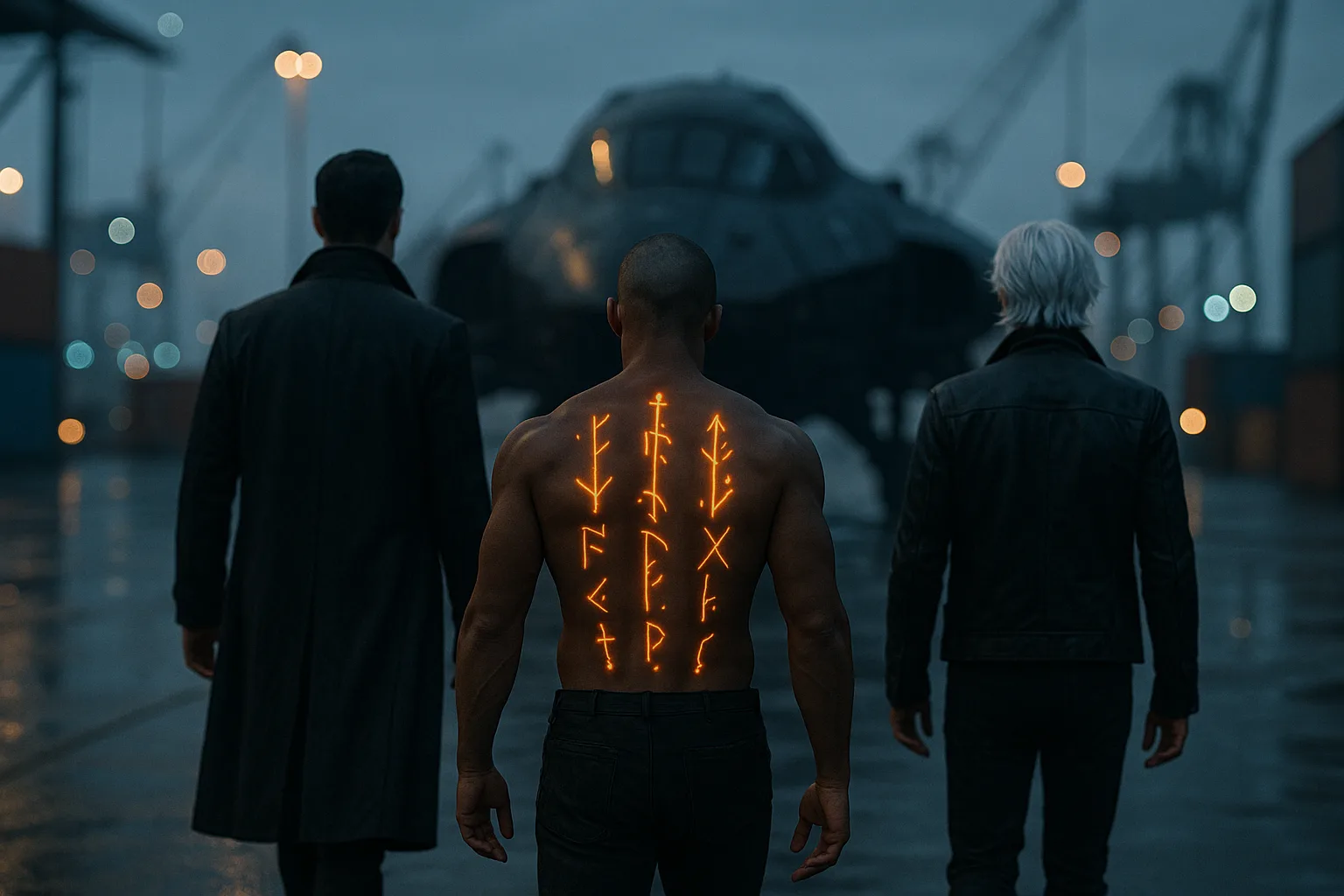 Three Figures—one with Glowing Runes Tracing their Back