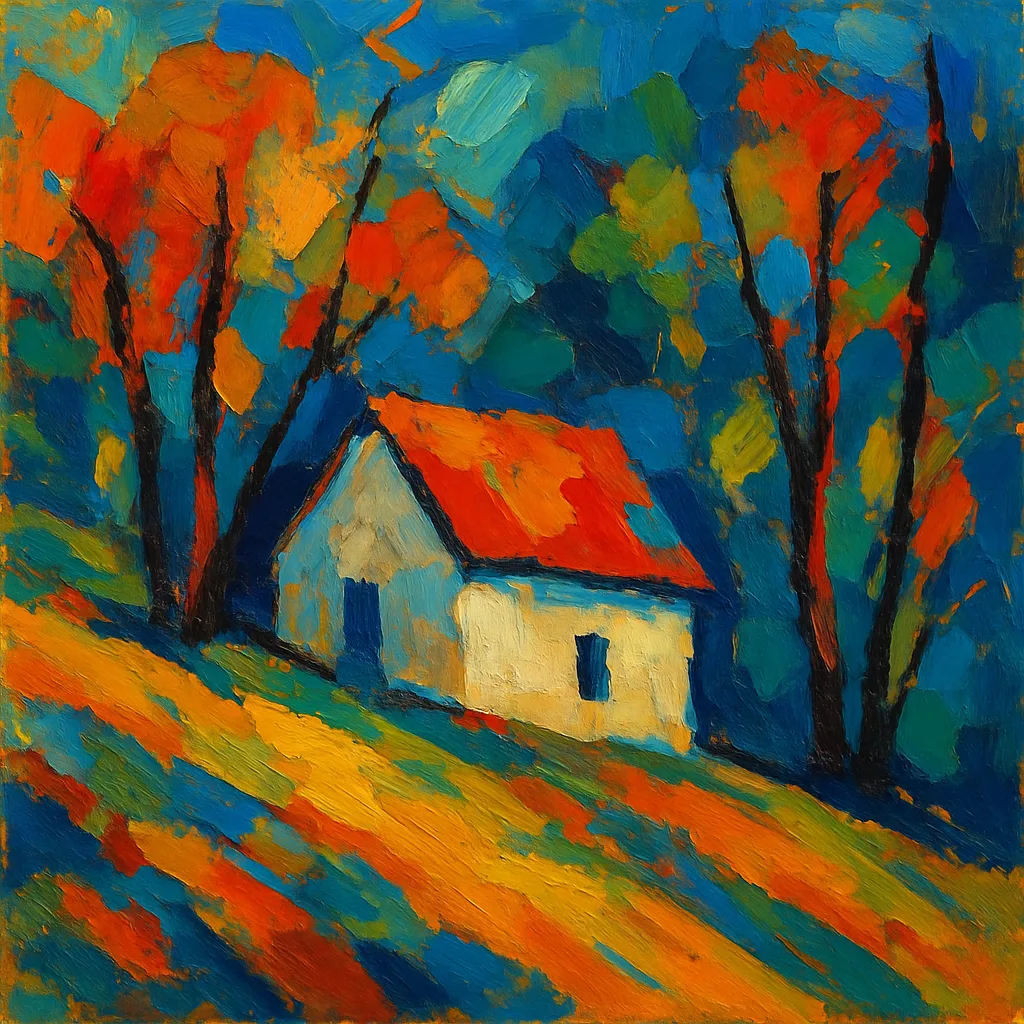 Abstract Artwork Depicting a Hillside with a Cottage