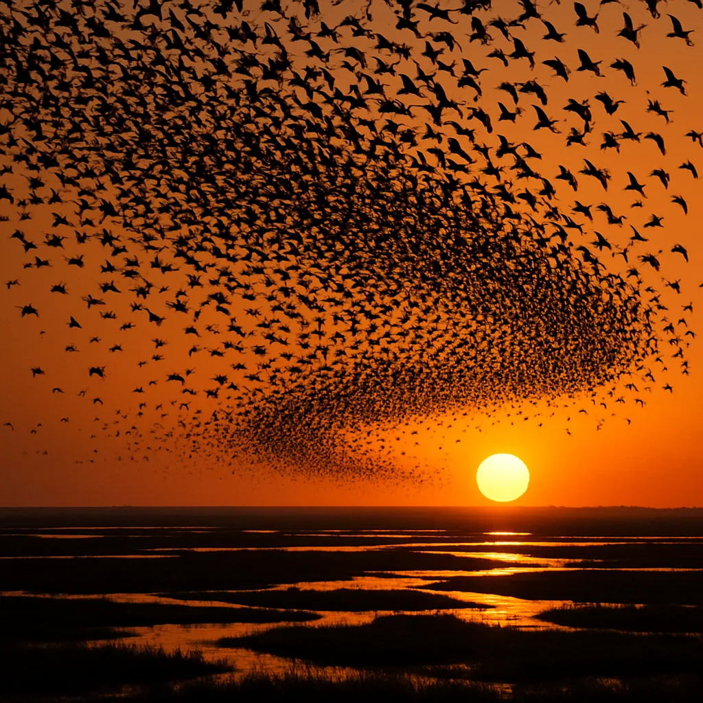 Vast Flock of Countless Silhouetted Birds Swirls in Unison