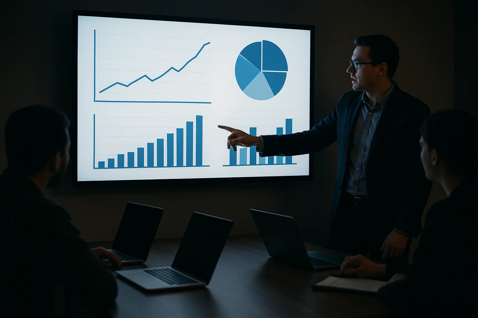 Person Pointing at a Presentation Screen Displaying Graphs