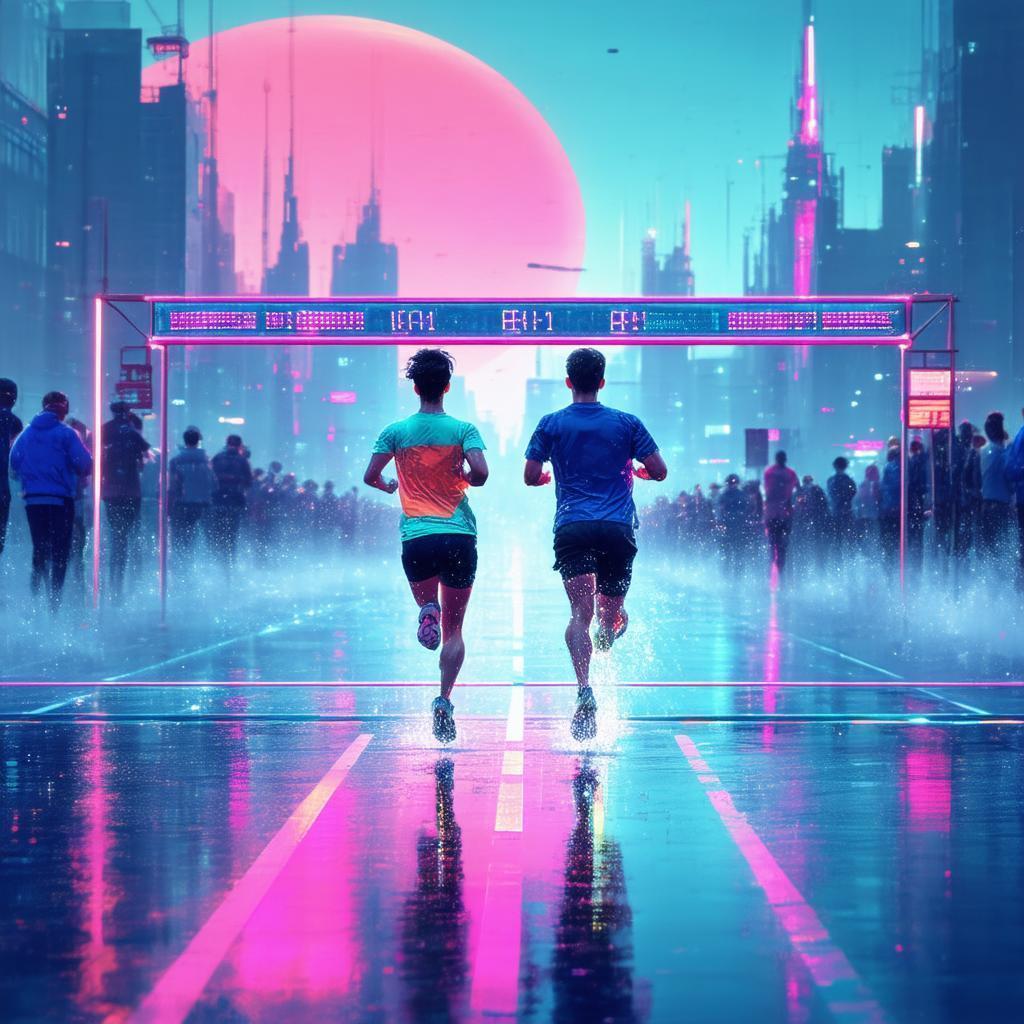 Two Runners Crossing a Vaporwave Finish Line