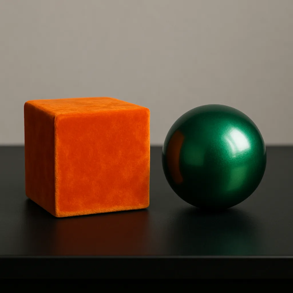 Vibrant Orange Velvet Cube Rests on a Sleek Black Surface