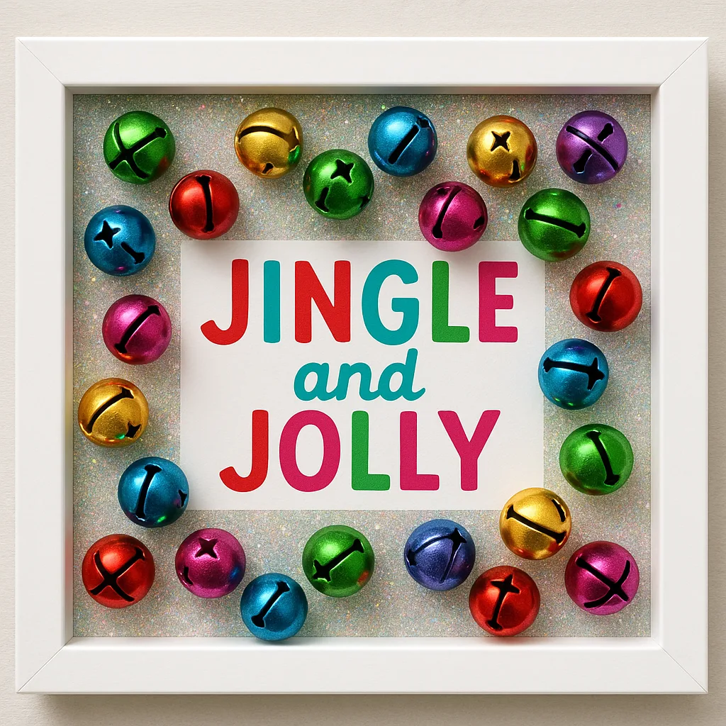 White Frame Display with Colorful Jingle Bells and Glittery Background