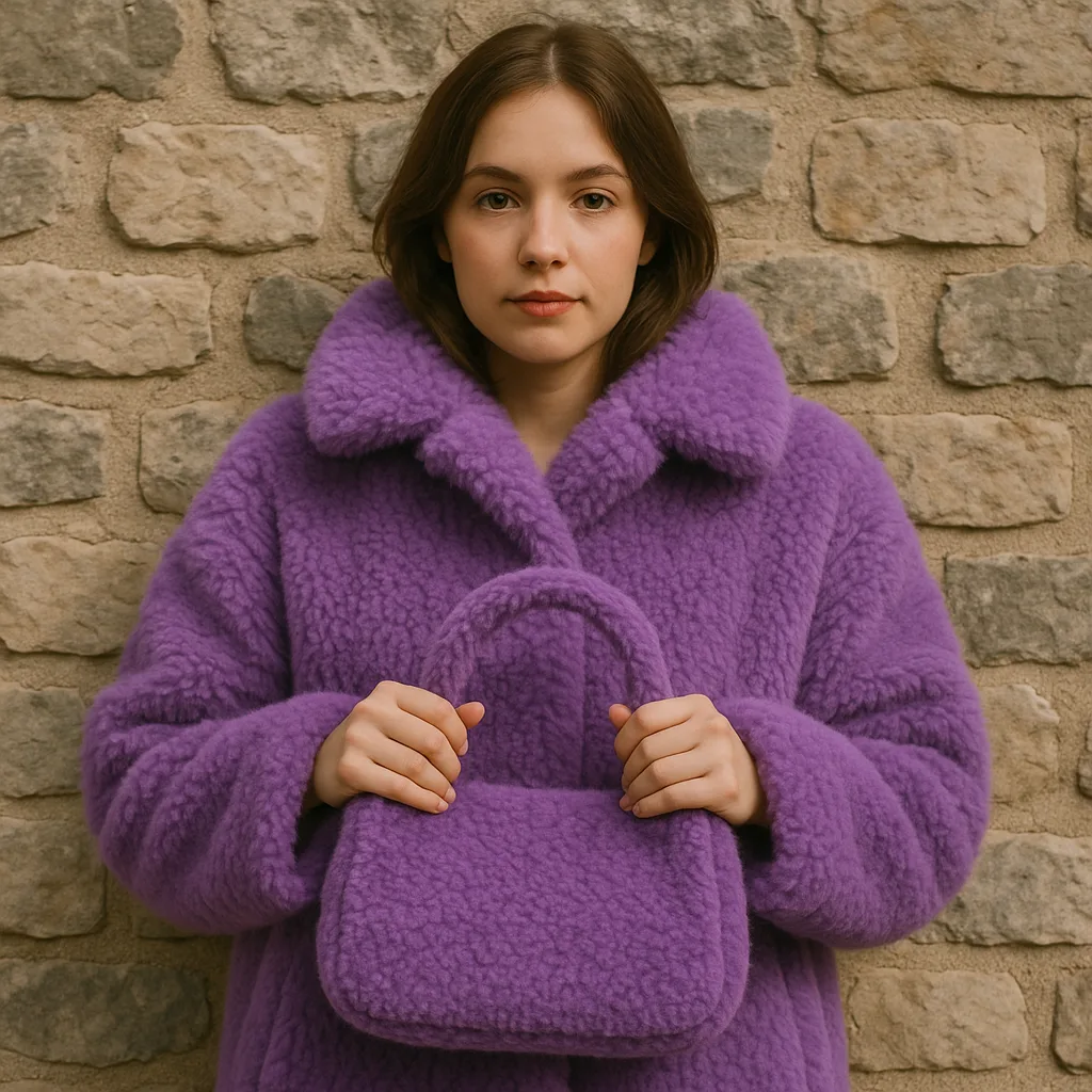 Woman Wearing a Fluffy Purple Coat Holds