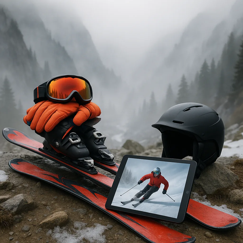 Mist-covered Mountain Landscape Featuring Skiing Equipment and a Tablet