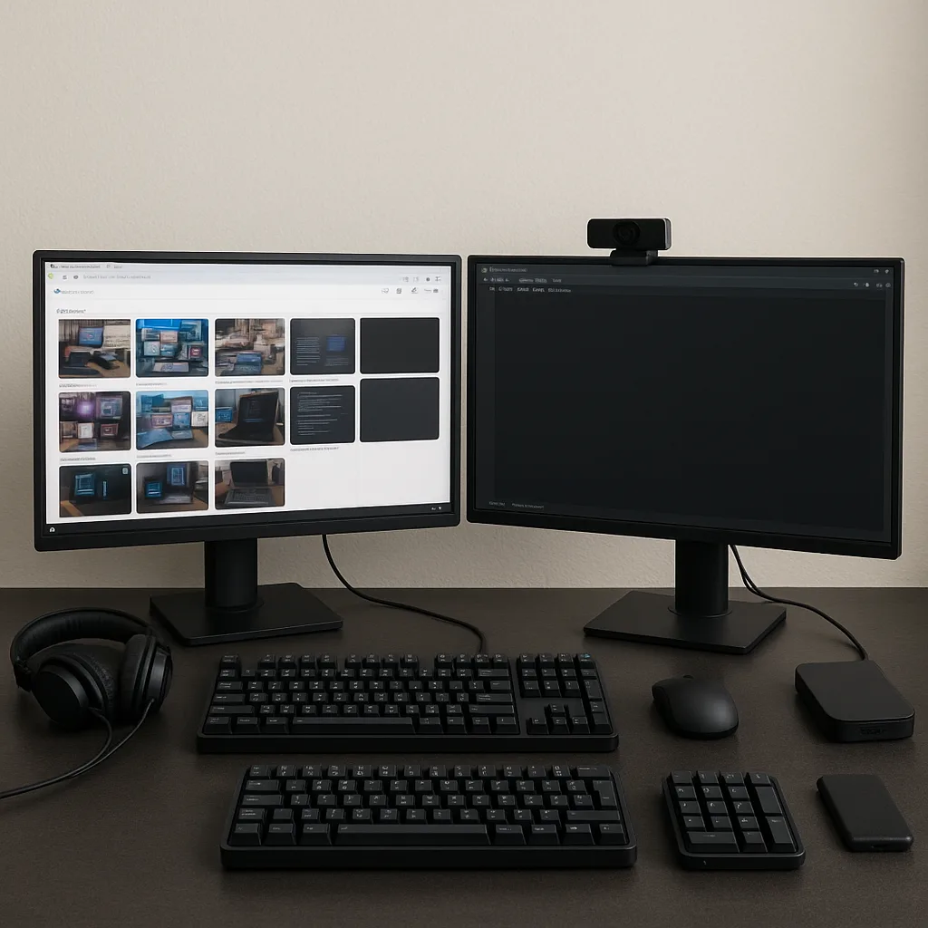 Dual-monitor Computer Setup on a Desk with Keyboards