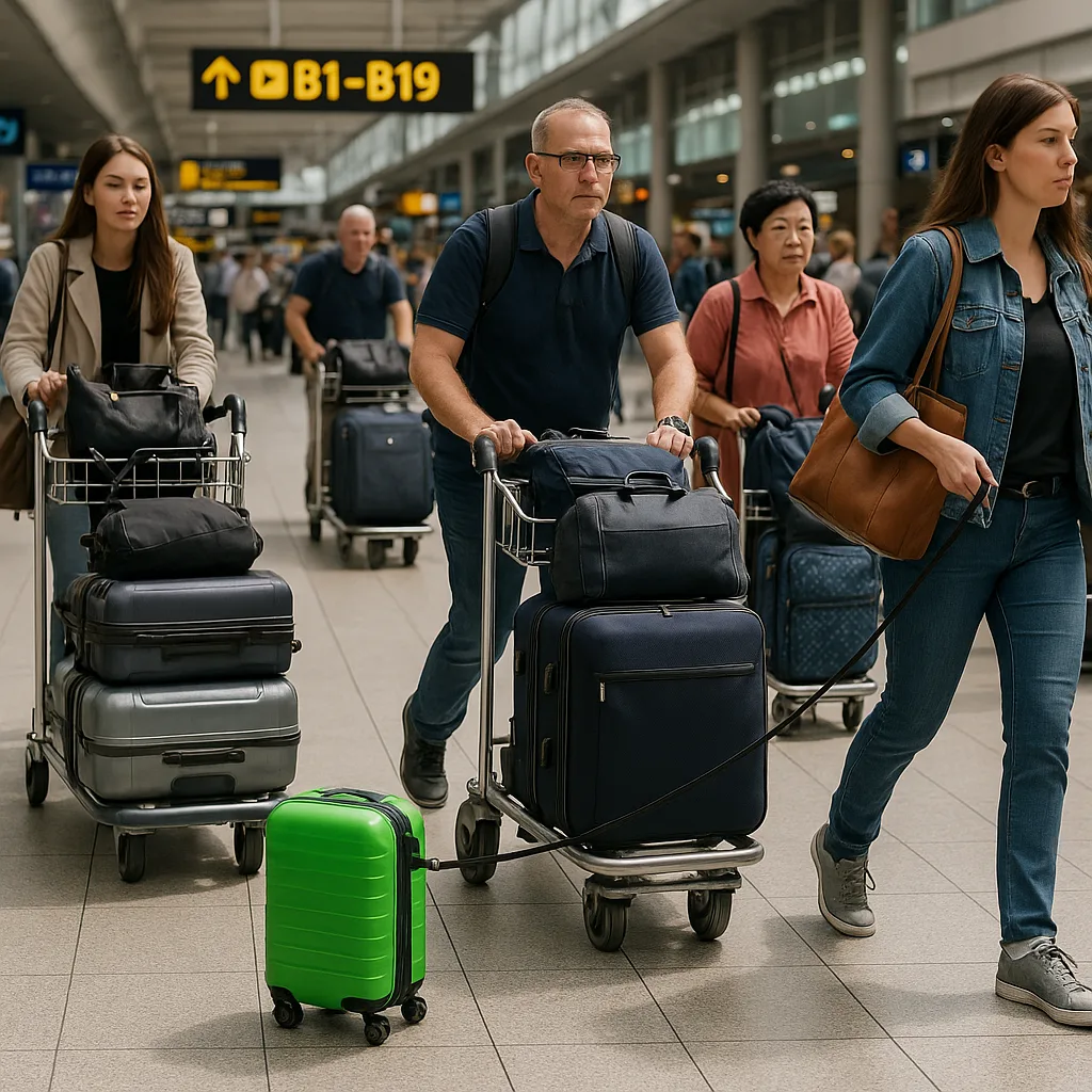 Busy Airport Scene with People Handling Luggage Carts