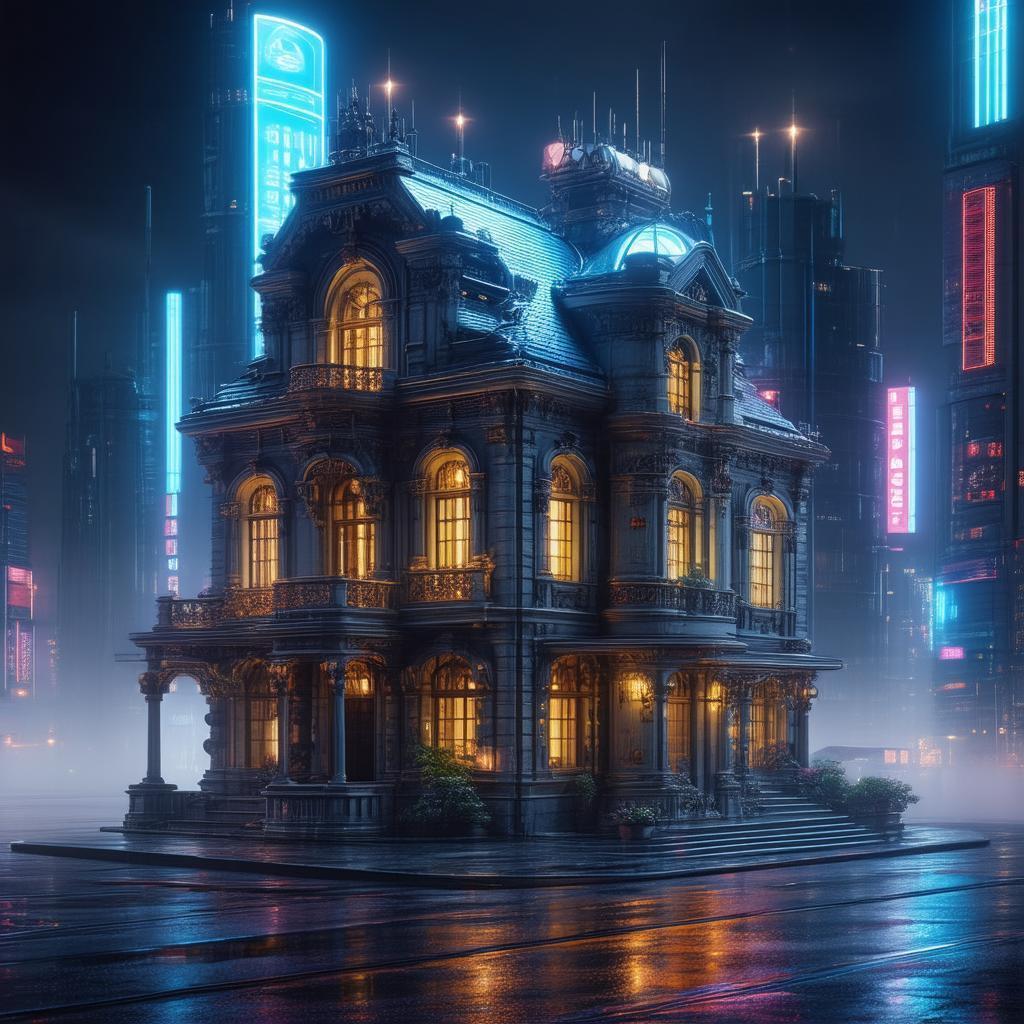 Old House Dwarfed by Neon Skyscrapers
