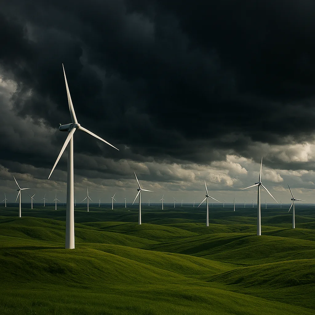 Numerous Distant Wind Turbines Stand Sentinel Across a Vast