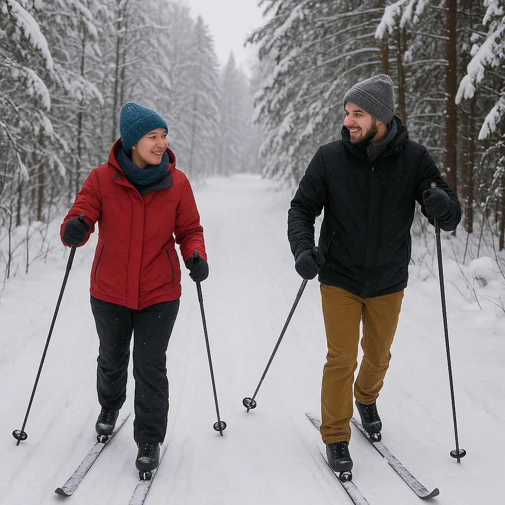 Two People in Winter Clothing Are Cross-country
