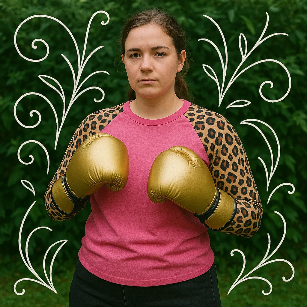 Person Wearing a Pink Top with Leopard-print Sleeves