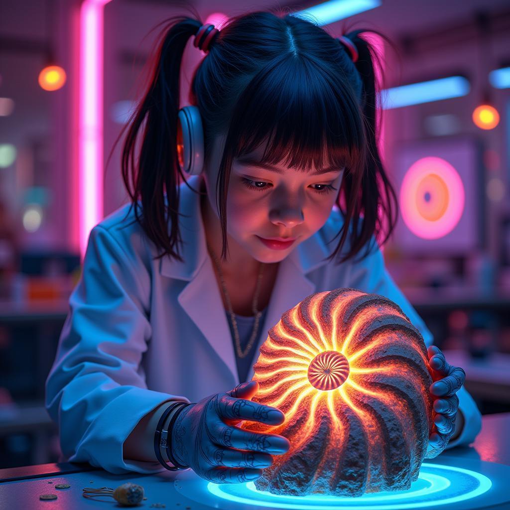Neon Girl Studying a Glowing Ammonite Fossil
