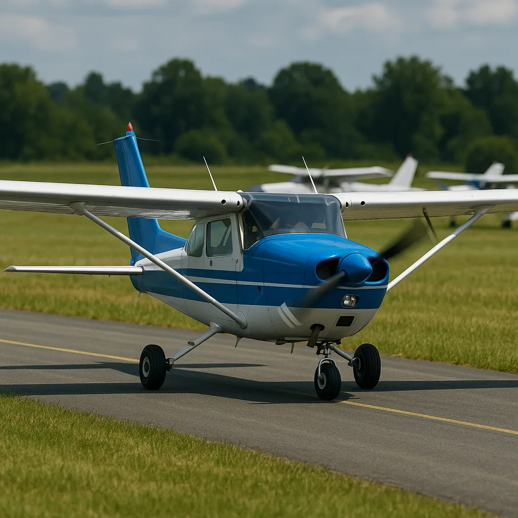 Blue and White Small Airplane Taxiing on a Runway