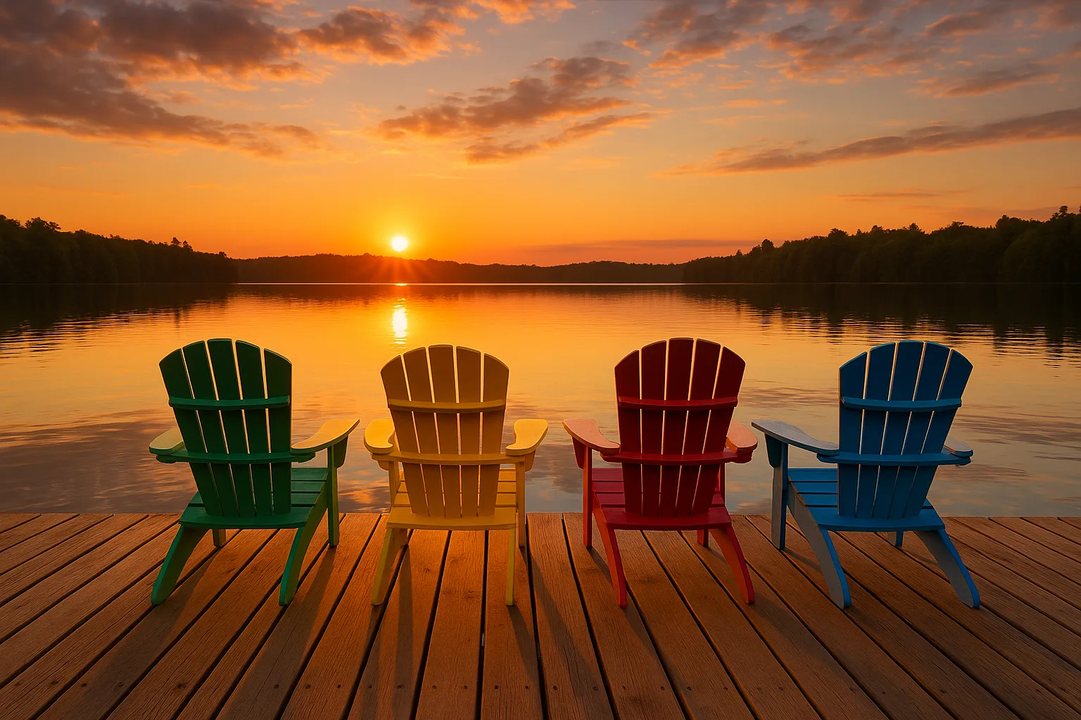 Four Colorful Adirondack Chairs Sit on a Wooden Dock