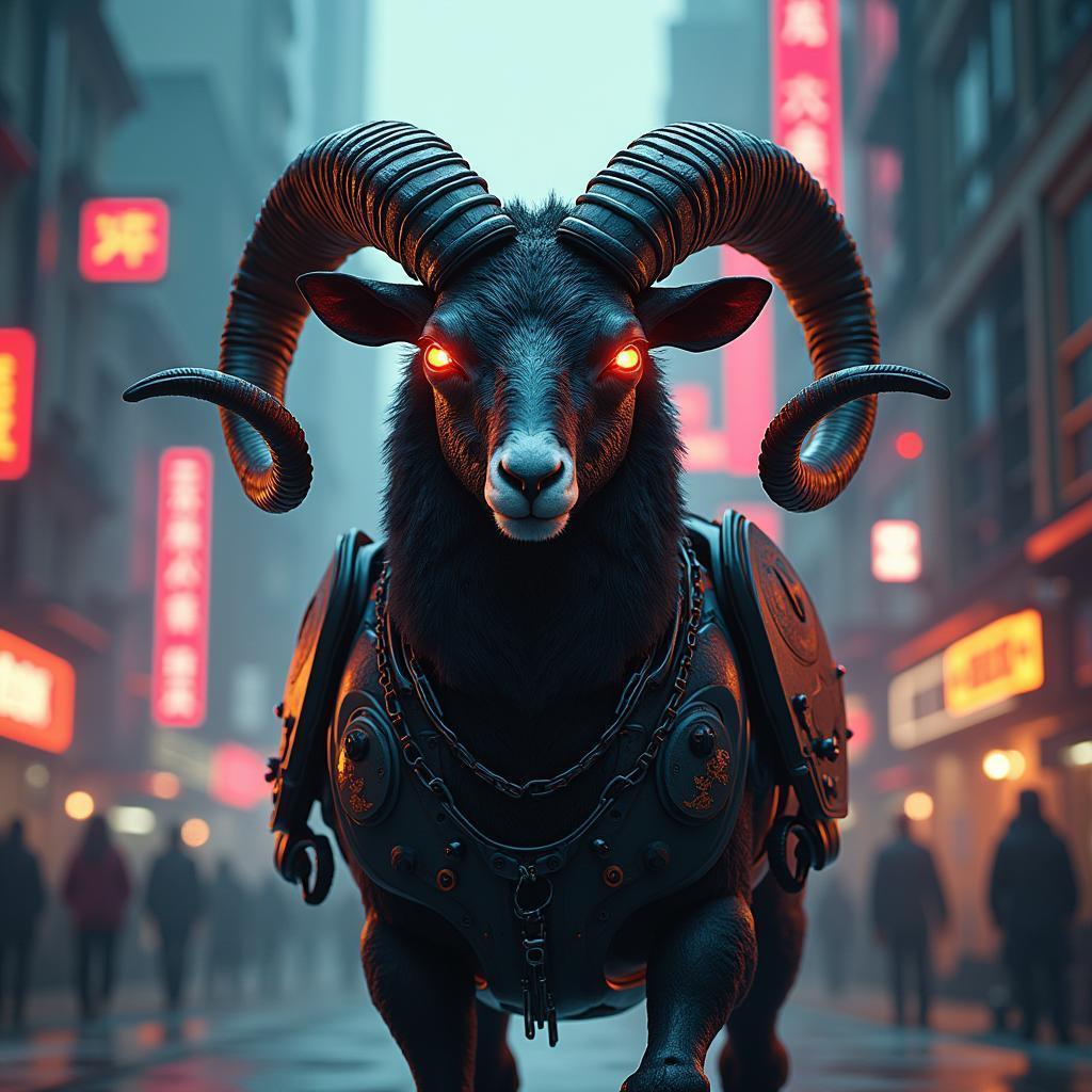 Cyberpunk Ram Robot Prowling Neon Manga Streets