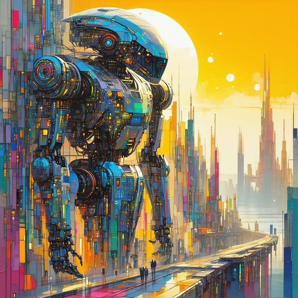 Futuristic City Guardian Robot in Tempera Paint