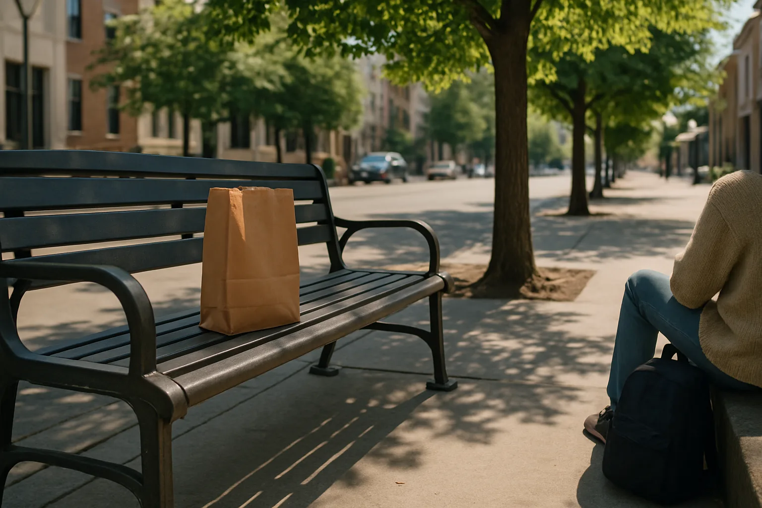 Peaceful Cityscape Unfolds Where a Crumpled Paper Bag Sits