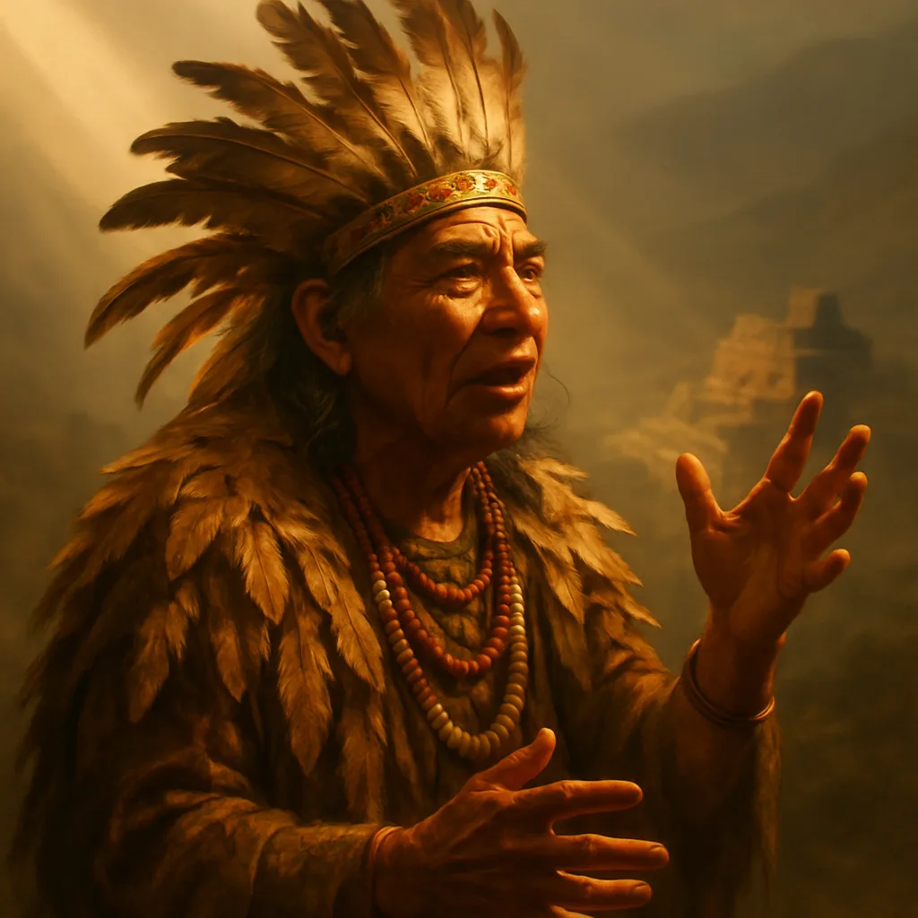 Middle-aged Tribal Elder in Earthy Feathers and Beadwork Gestures Expressively