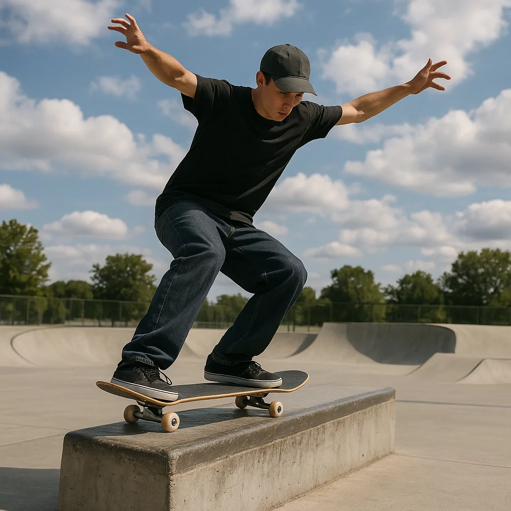 Skateboarder Performing a Grind Trick on a Ledge