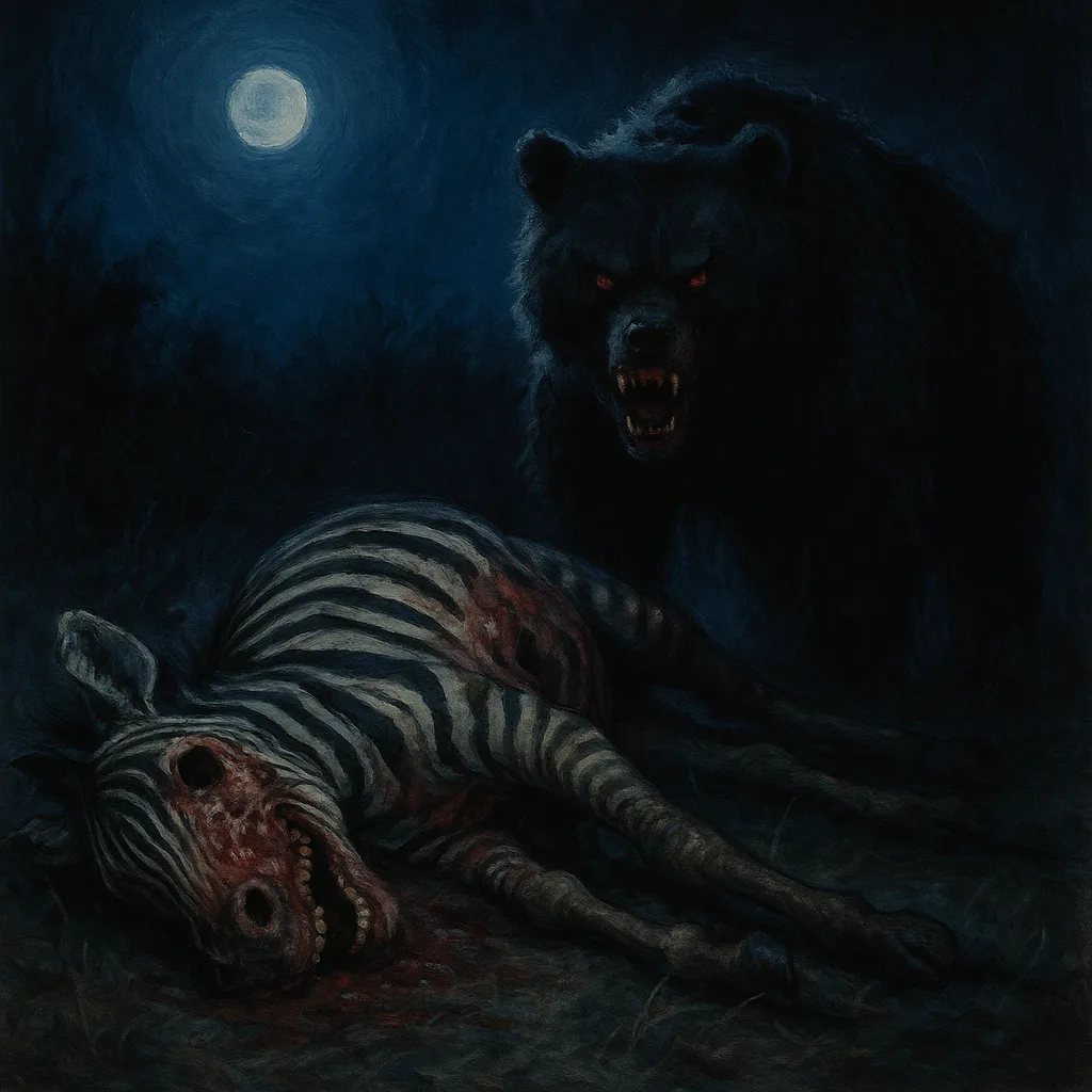 Depict a Nighttime Setting Showcasing a Rotting Zebra