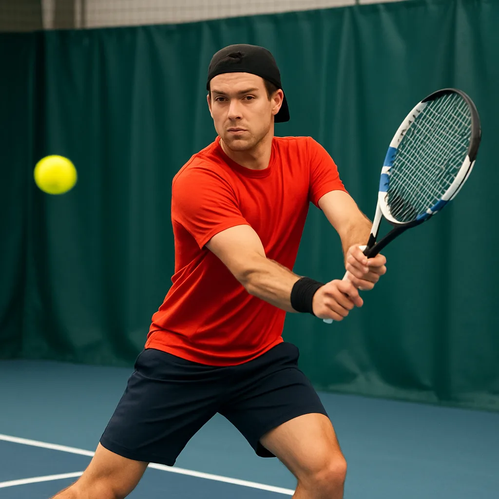 Person Wearing Sports Attire Is Playing Tennis Indoors