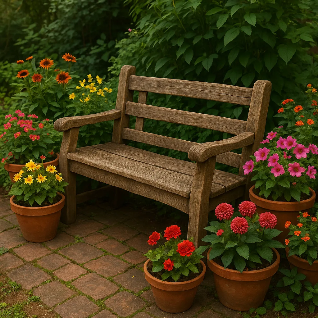 Weathered Wooden Bench Surrounded by Lush Potted Plants