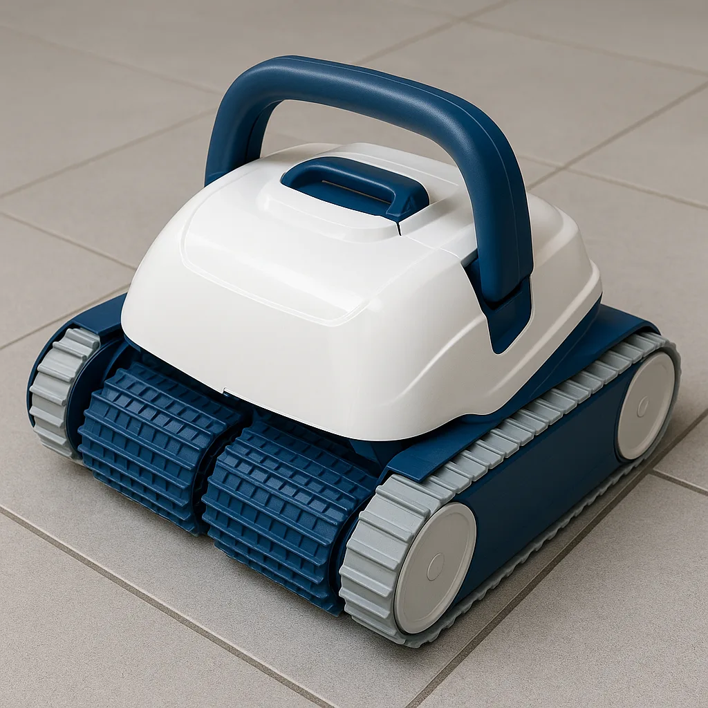 White and Blue Robotic Pool Cleaner with Cylindrical Brushes