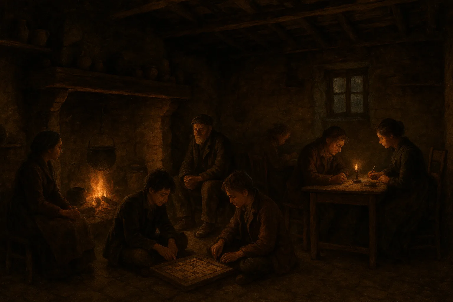 Group of People Gathered Inside a Dimly Lit Rustic Room