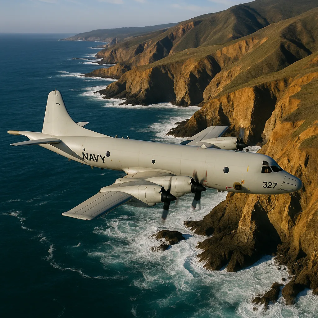 U.S. Navy Aircraft Flies over a Coastal Landscape