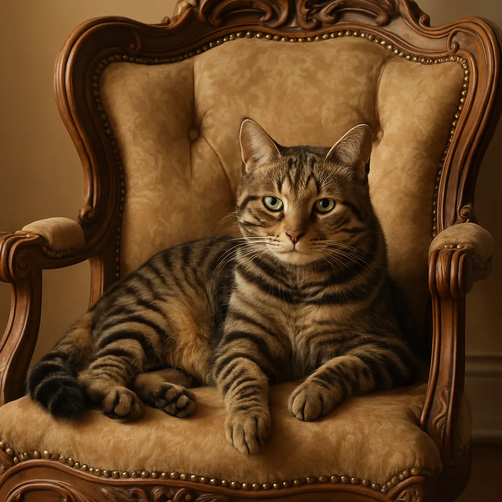Tabby Cat Lounging on a Vintage Upholstered Armchair