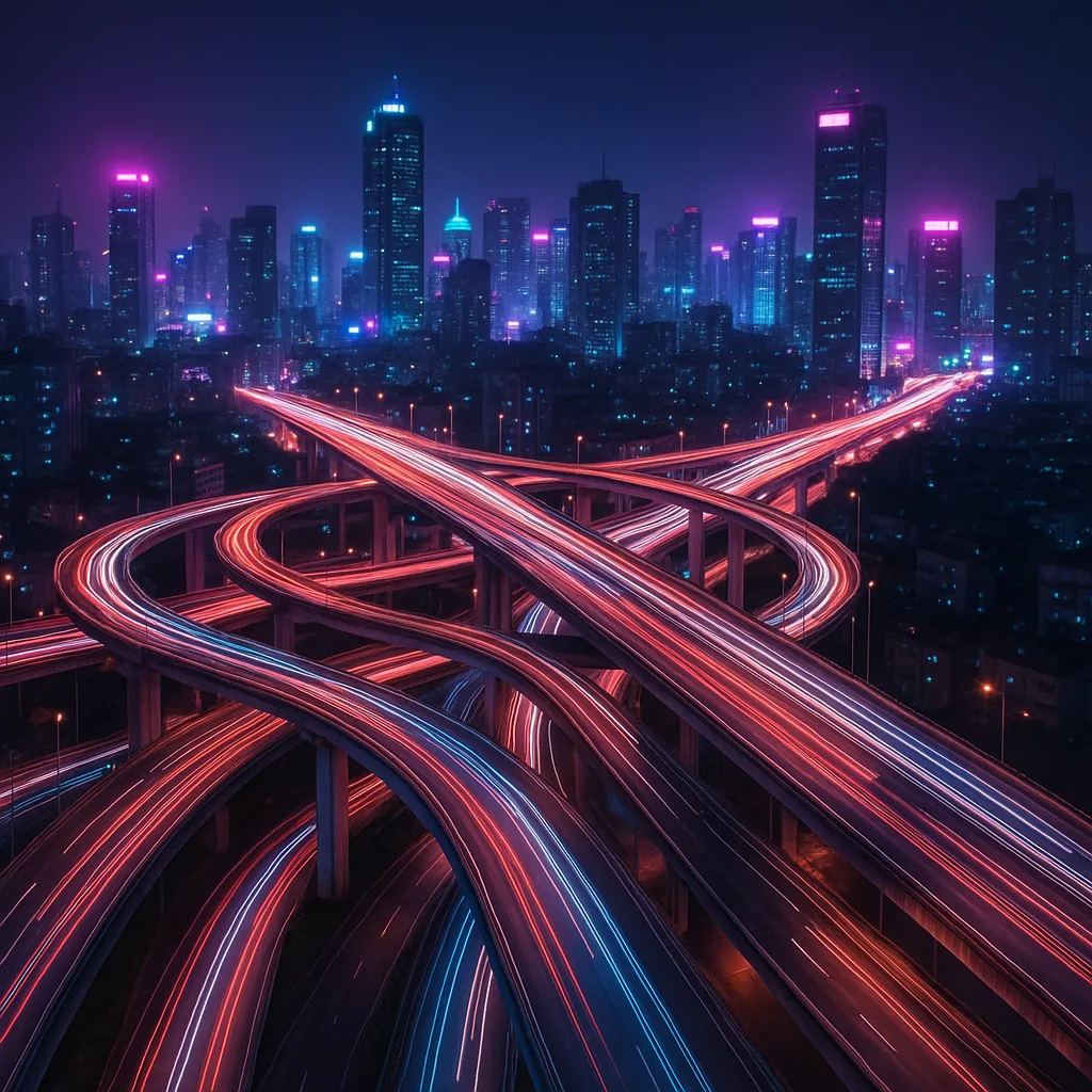 Myriad Indistinct Vehicles Create Streaks of Light Along the Complex