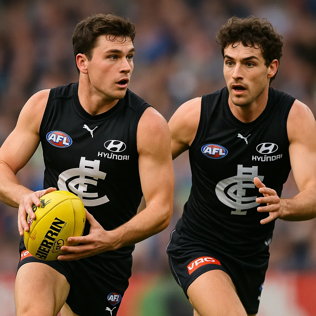 Two Australian Rules Football Players Wearing Black Carlton Jerseys