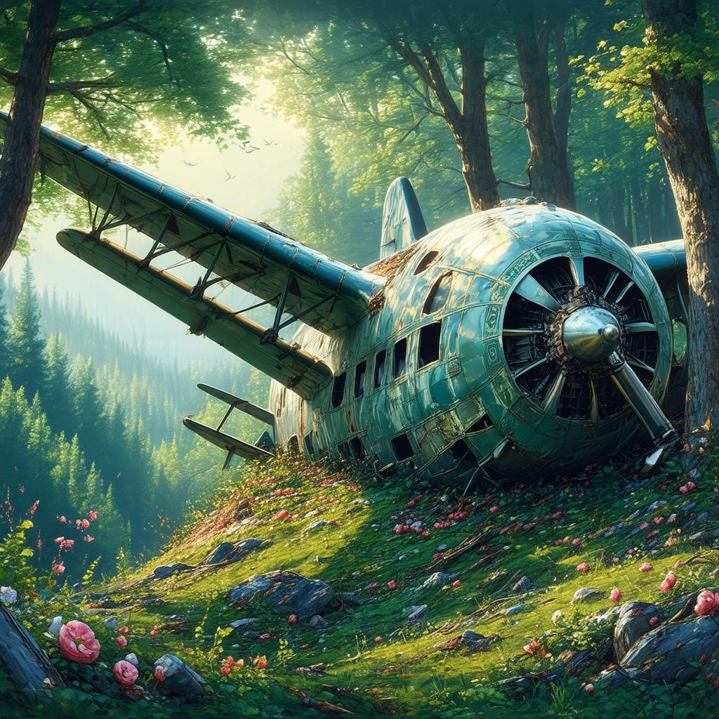 Crashed Vintage Plane in Art Nouveau Forest