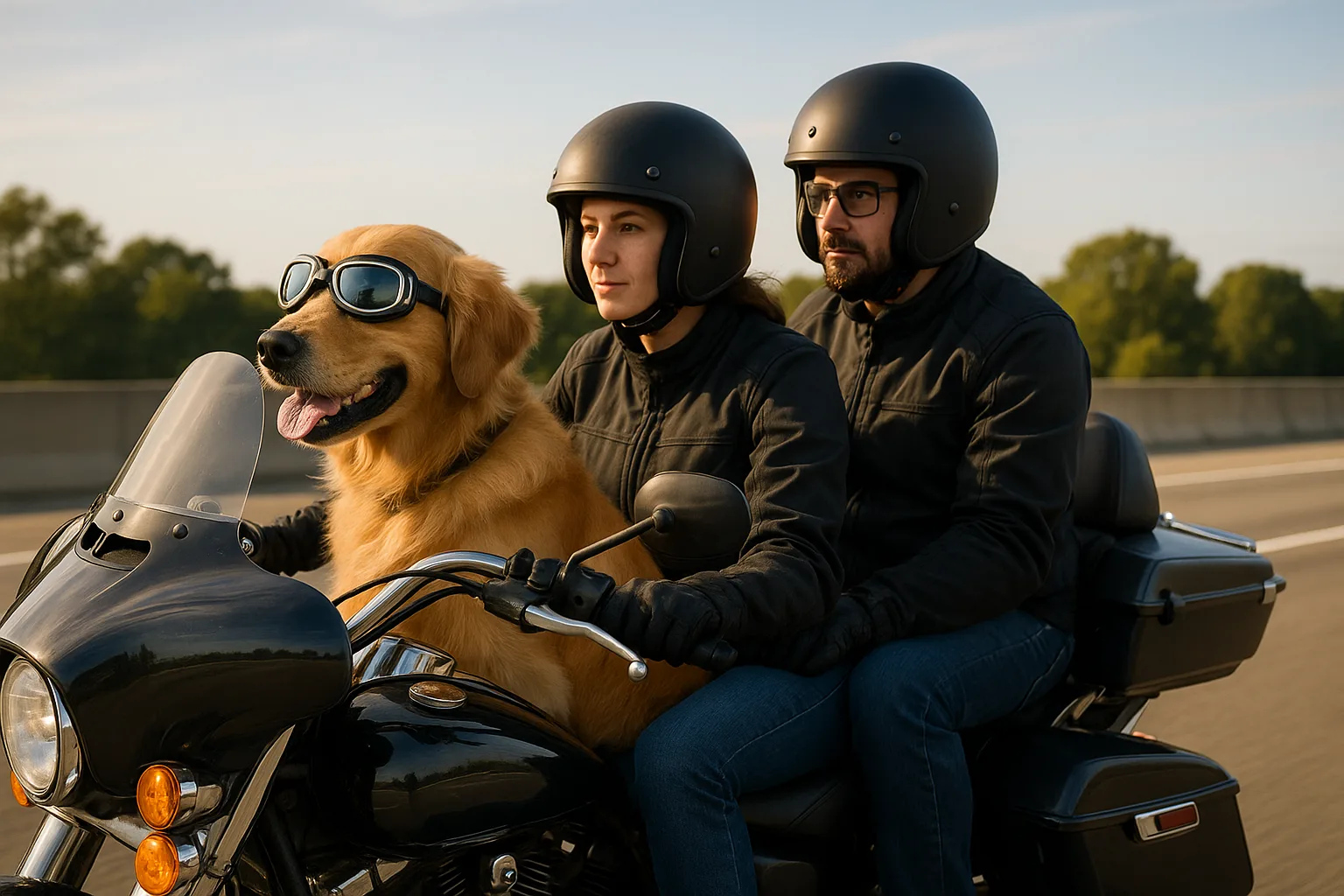 Two People in Helmets Riding a Motorcycle on a Highway