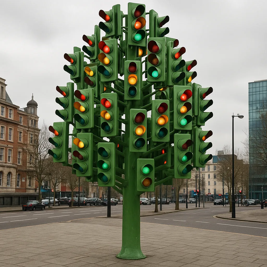 Tree-shaped Sculpture Composed of Numerous Traffic Lights in an Urban