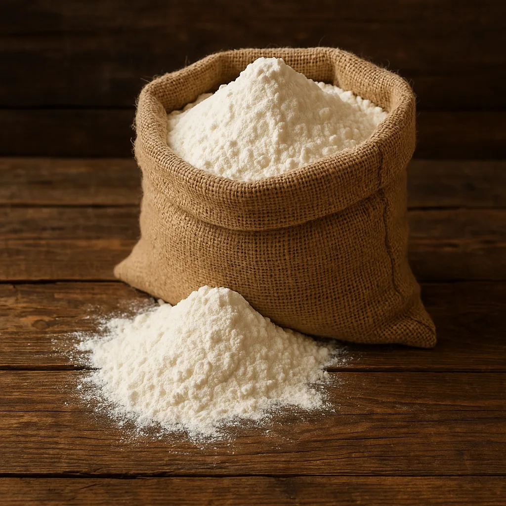 Rustic Wooden Table with a Sack of Fine White Flour