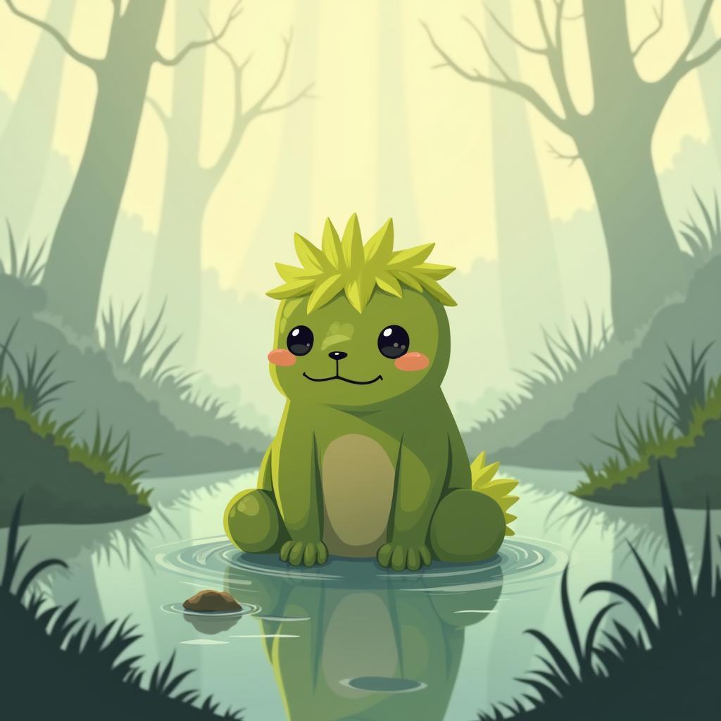 Cute Moss Creature Soaking in Foggy Swamp