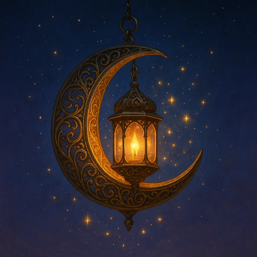 Showcase a Crescent Moon-shaped Lantern Glowing Softly