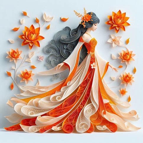 Asian Woman in Orange Lotus Dress Paper Quilling 3D Art