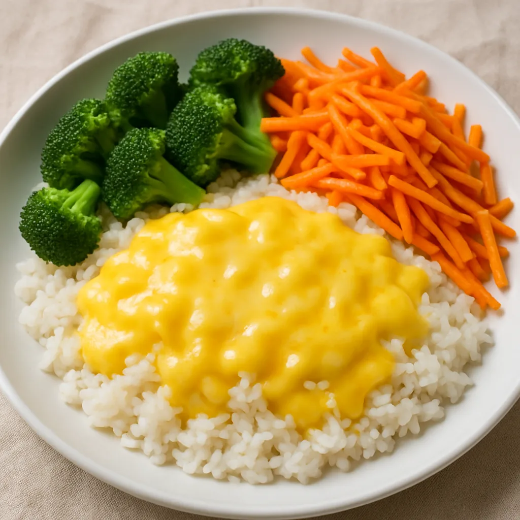 Plate of Rice Topped with Melted Cheese