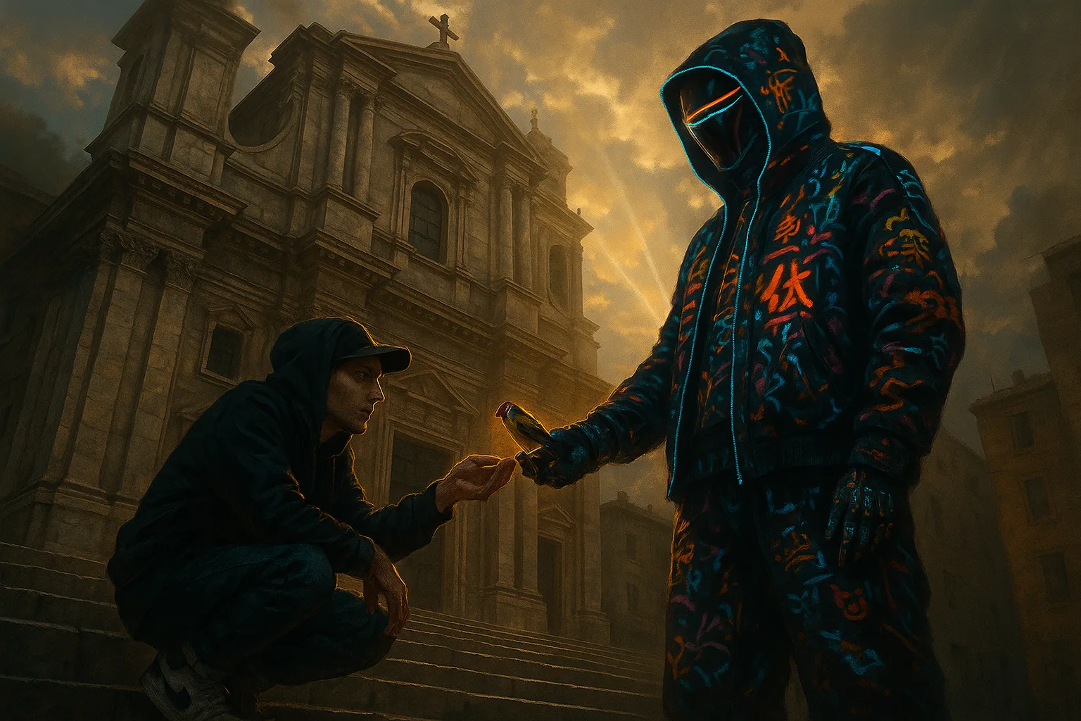 Streetwear Trickster Offers a Goldfinch to a Cyberpunk Figure