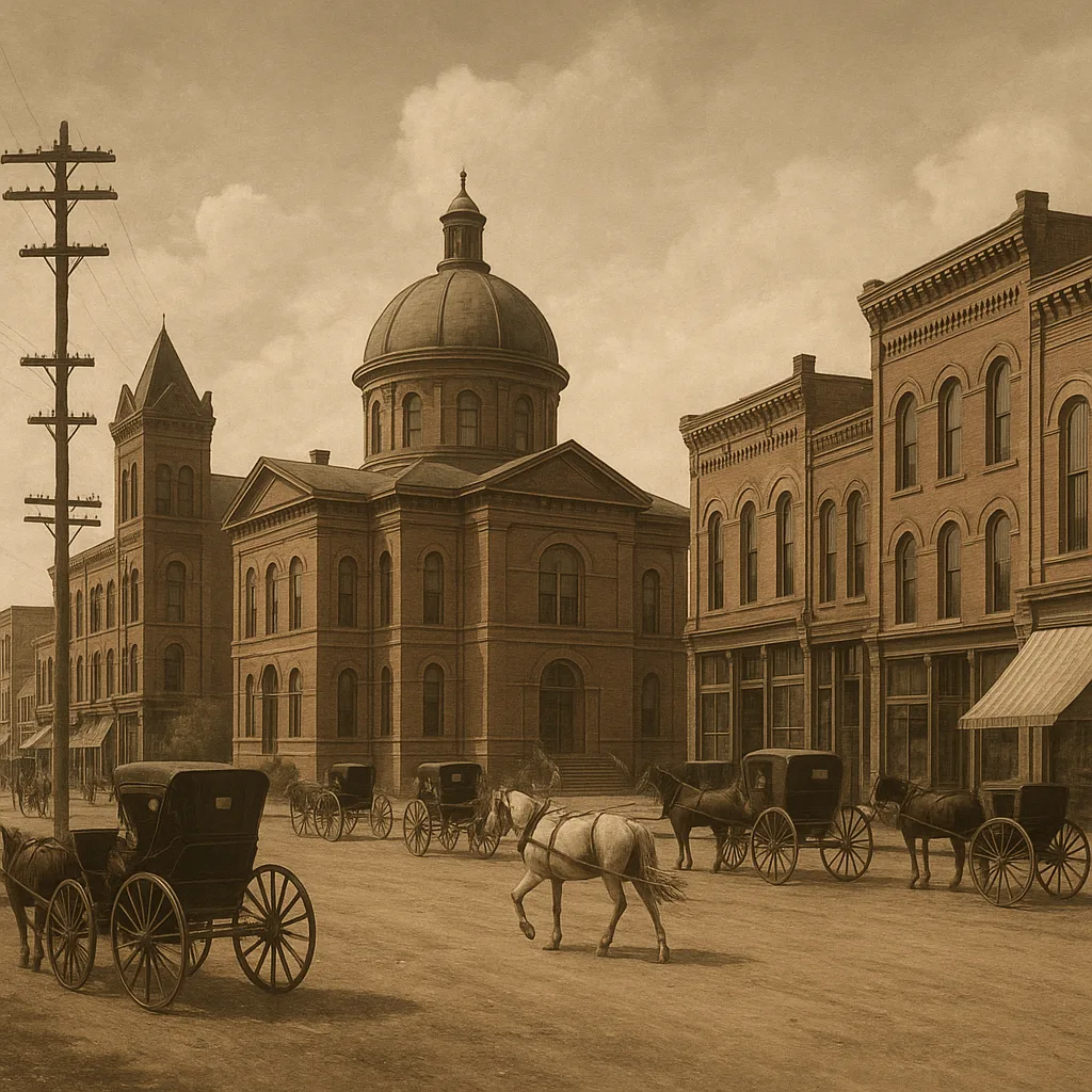 Historic Town Square with Horse-drawn Carriages