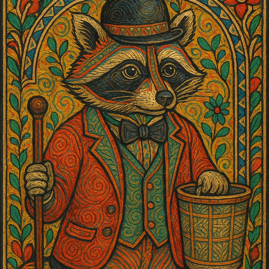 Oil Painting Influenced by Madhubani Art Portraying a Raccoon