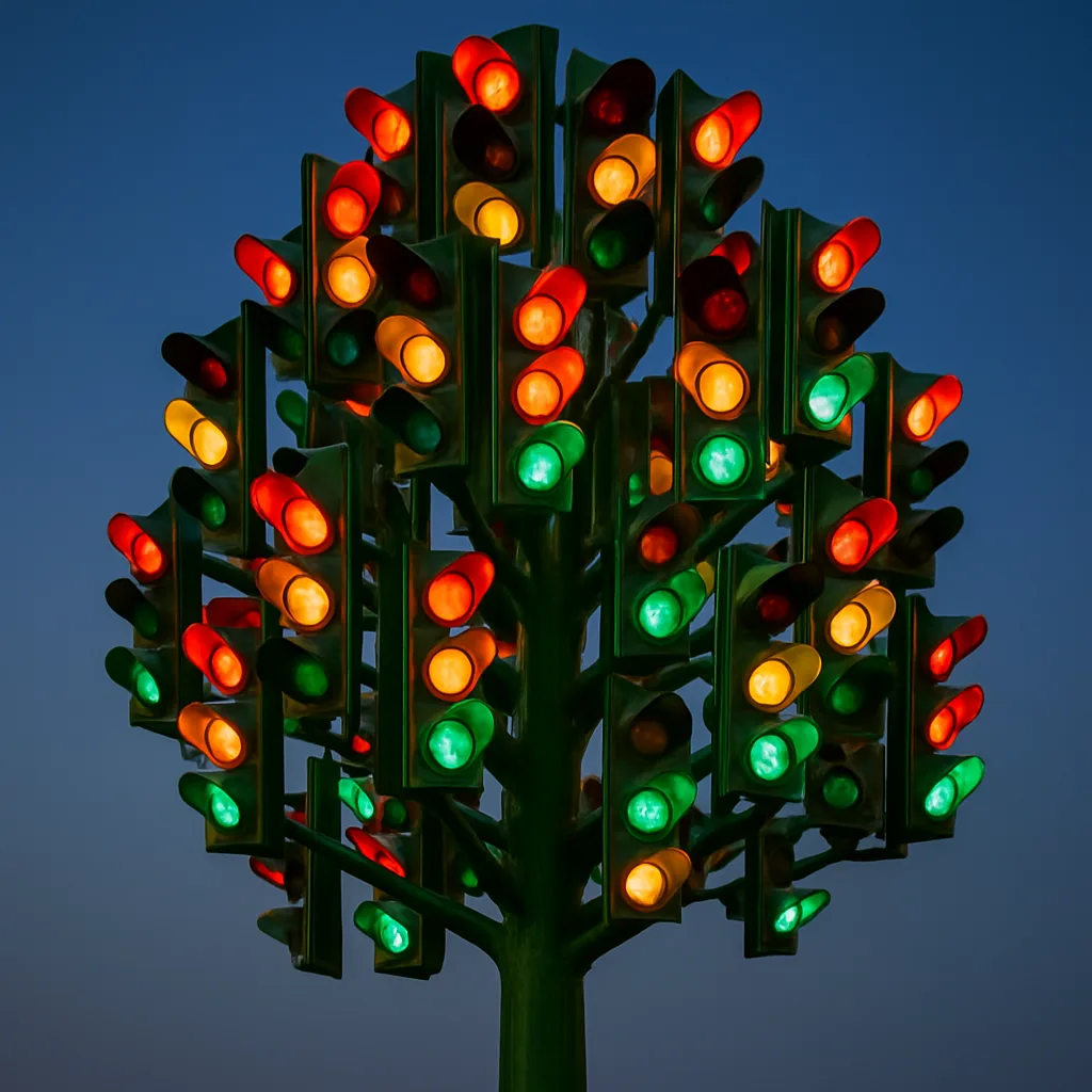 Tall Green Sculpture Resembling a Tree Made Entirely of Multiple