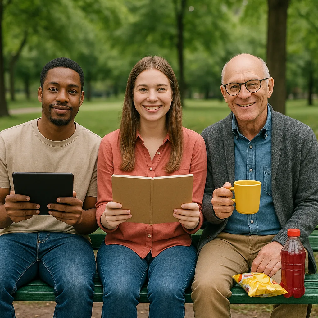 Three People Seated on a Green Bench in a Park