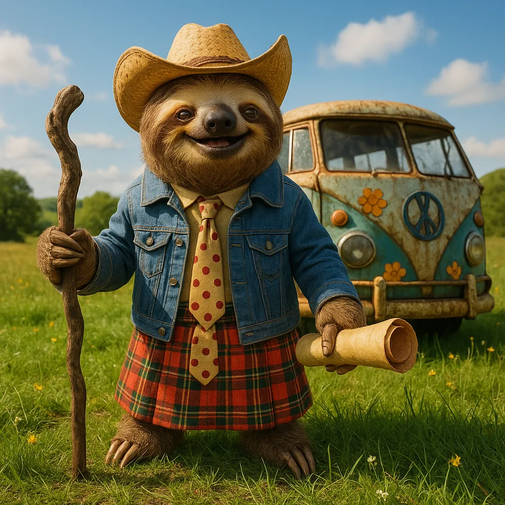 Describe a Jovial Sloth Dressed in a Denim Jacket