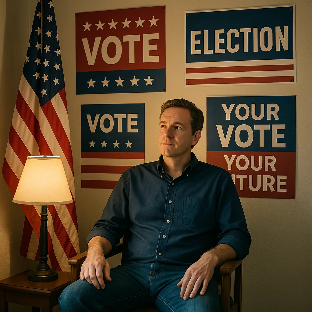 Person Is Sitting in a Room near an American Flag