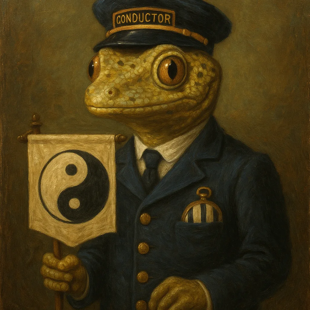 Oil Painting of a Gecko Dressed as a Train Conductor